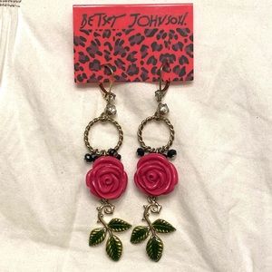 BETSEY JOHNSON - Rose Garden Fuchsia Dangle Roses With Leaves Earrings